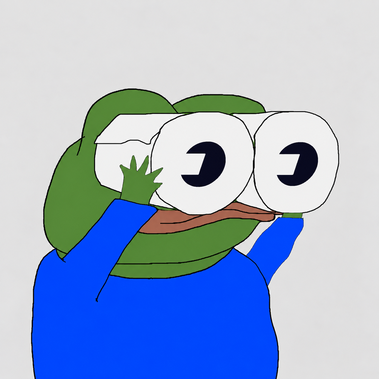 Pepe looking through two toilet paper rolls marked with FOMO eyes